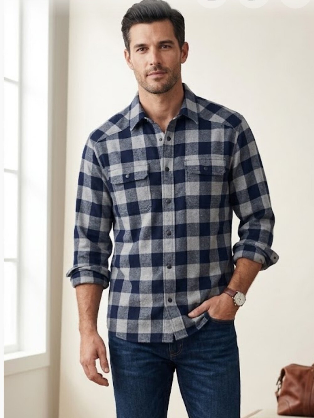 Lands End Mens Buffalo Check Woodsman Lumberjack Blue Gray Snap Buttoned Shirt